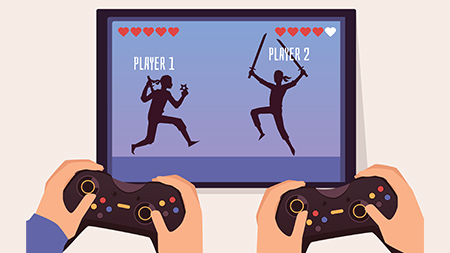 Dos personas compitiendo en un juego de lucha en un monitor. Se ven las siluetas de ambos avatares, blandiendo espadas o estrellas ninja. El jugador 1 tiene 5 de 5 corazones, el jugador 2 tiene 2.