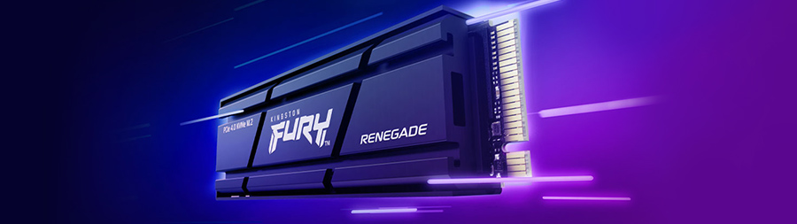 Una unidad NVMe PCIe 4.0 M.2 Kingston FURY Renegade en una futurista placa base negra bajo iluminación de neón azul.