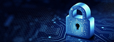 电路板上的挂锁 3D 渲染图，配以二进制代码流，象征密码保护的 U 盘
