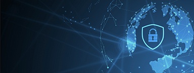 ilustración azul de líneas digitales de Internet en un globo con un candado y un escudo