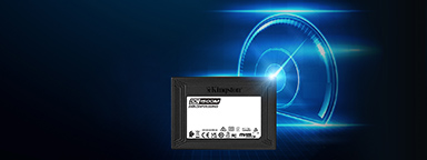 Kingston DC1500M SSD ด้านหน้ากราฟิกมาตรวัดความเร็วสีน้ำเงินเรืองแสงที่ใช้ระบุถึงความเร็วที่สูงมาก