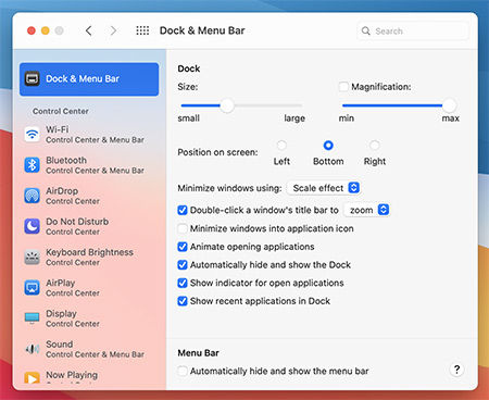 Reduce or Turn Off Graphics MacOS Big Sir Dock & Menu Var