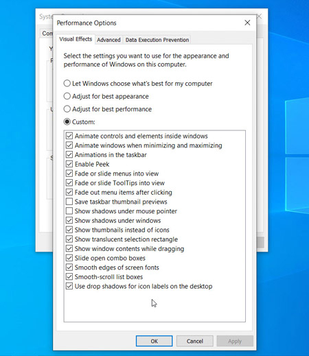 Вкладка «Визуальные эффекты» в настройках производительности в Windows 10