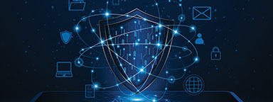 A shield graphic, surrounded by graphics signifying technology and secure communication.