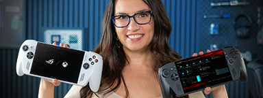 Trisha 手持一个 ROG Xbox Ally 和一个 Ally X