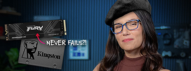Trisha 头戴贝雷帽，身旁摆放着一块 SATA 固态硬盘和一块 NVMe 固态硬盘，配文“固态硬盘的常见误区”