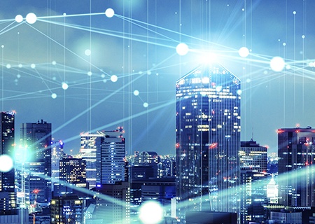 도시를 연결하는 통신 네트워크 IOT 라인이 있는 스마트 도시 풍경