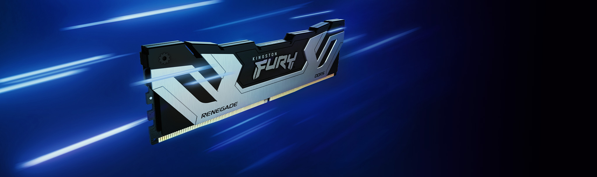 A Kingston FURY Renegade DDR5 memory module, in black, flying through space surrounded by white streaks to symbolise speed