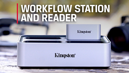 Workflow Station dan tiga pembaca kartu diletakkan pada meja, bersebelahan dengan alat perekam suara, laptop, dan kamera DSLR