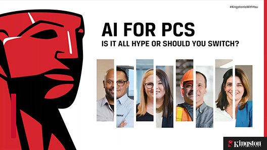 Tangan seseorang mengetik pada keyboard laptop dengan gambar mini webinar tentang AI untuk PC ditampilkan di layar